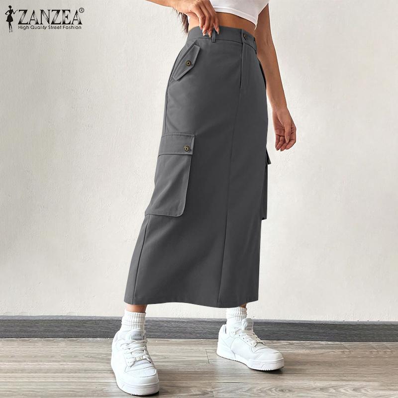 ZANZEA Femei Modă Talie Înaltă Buzunar Fuste Drepte Largi