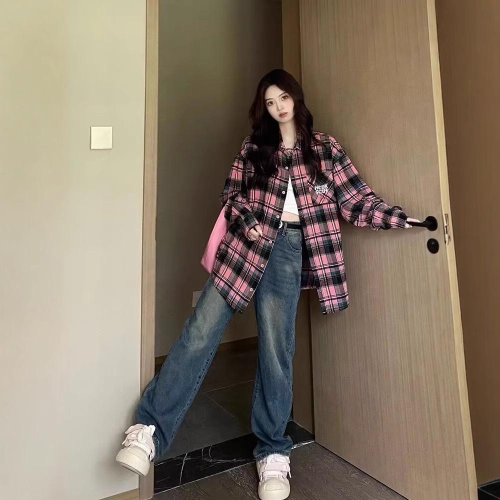 Korean Retro Minimalist Plaid Long-Sleeve Shirt Jacket for Women