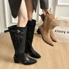 Big Tube Circumference Cow Velvet Long Tube Knight Boots 2025 Early Autumn Retro Thick Heel Pointed Belt Buckle Pleated Pile Boots Women