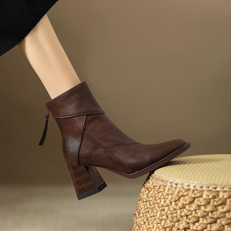 Women S Vintage Chunky Heel Square Toe Martin Boots Slim Fit Boots