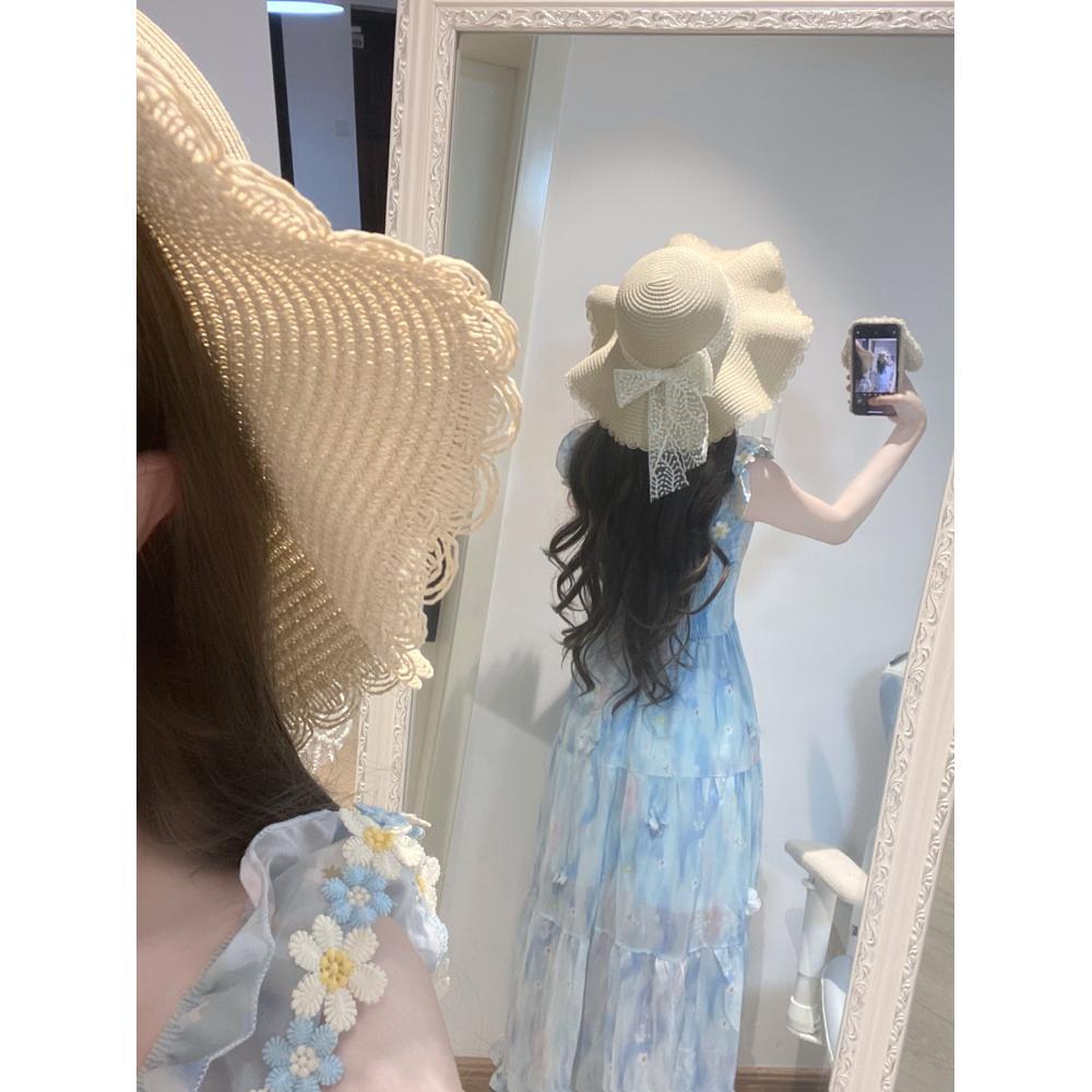 Light Blue Dress Women's Casual Summer New Romantic Vacation Style Atmosphere Square Neck Ruffle Edge Sleeveless Long Dress