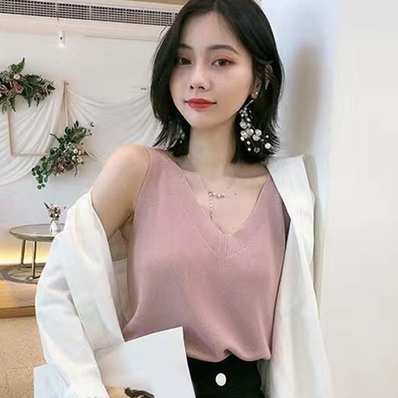 Women'S Fashion V-Neck Knitted Vest Summer Solid Color Sleeveless Casual Tank Top