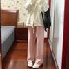 Women's Spring/Summer Thin Korean-Style Waffle-Patterned Pink Wide-Leg Pants - Loose Slim-Fit Straight-Leg Trousers Athletic and Casual Wear