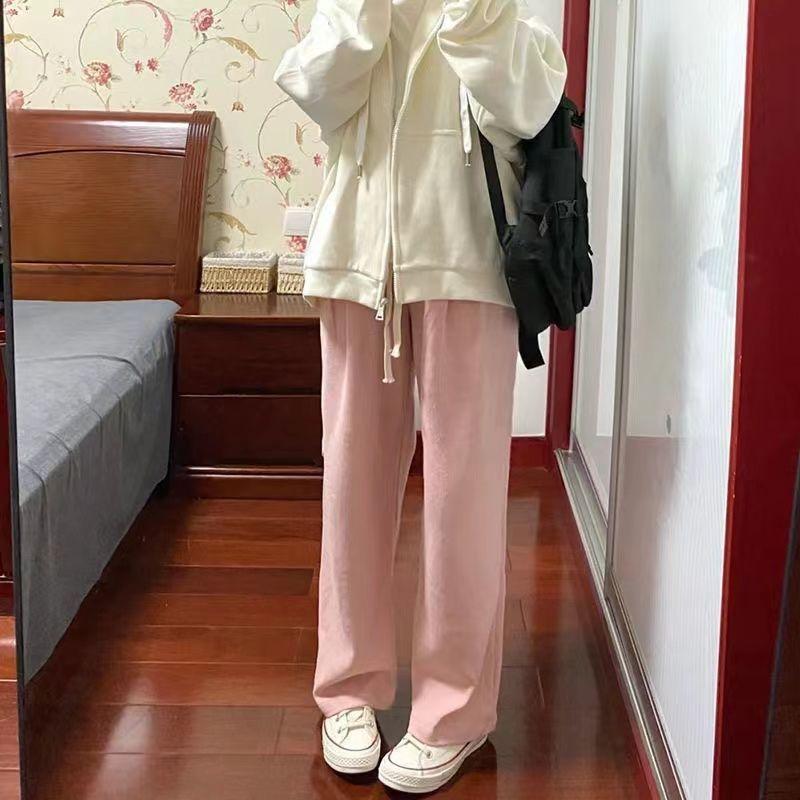 Women's Spring/Summer Thin Korean-Style Waffle-Patterned Pink Wide-Leg Pants - Loose Slim-Fit Straight-Leg Trousers Athletic and Casual Wear