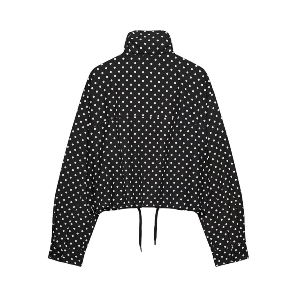Chaqueta Ligera de Mujer con Cuello Alto, Lunares, Mangas Abullonadas, Dobladillo con Cordón, Ropa Exterior Casual