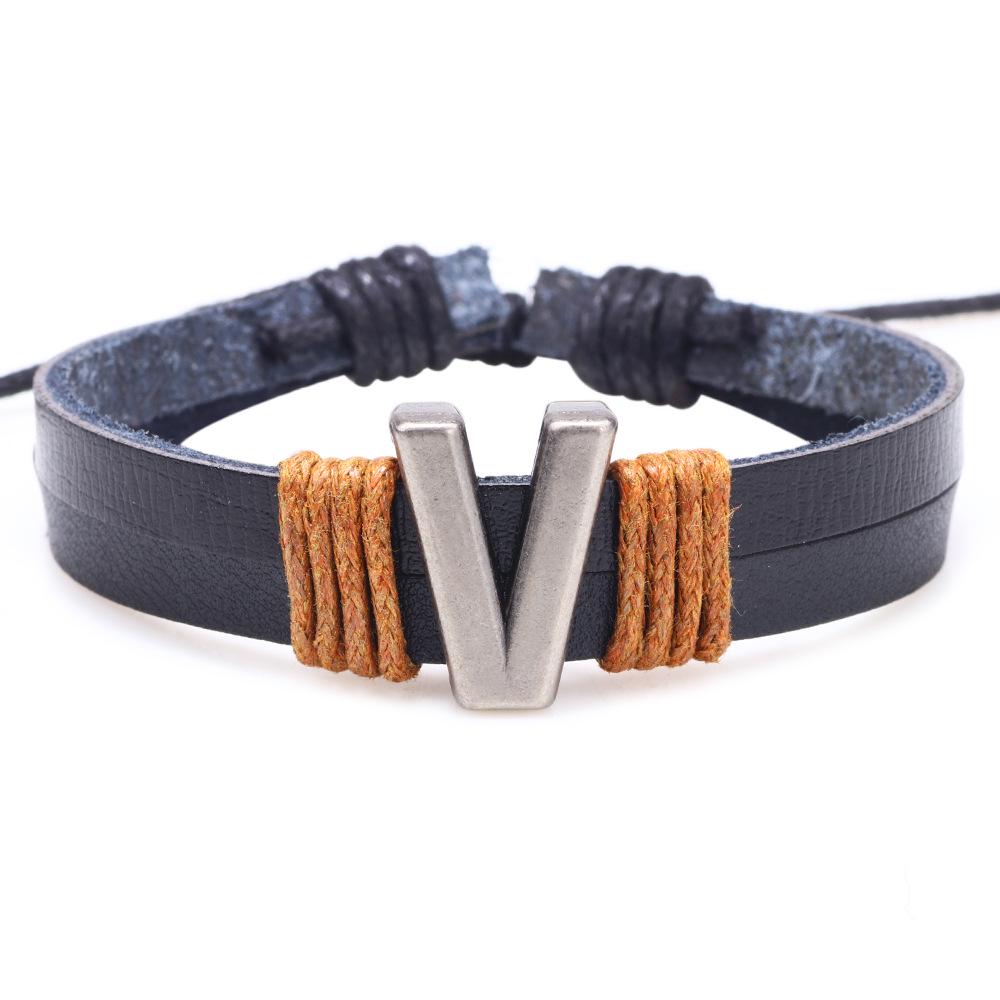 Handmade Woven Leather Bracelet with English Letter Charms