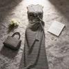 Pure desire sexy v-neck split-ended striped dress women's summer temperament waist thin straps sleeveless long skirt