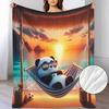 Soft Flannel Blanket with Lazy Panda & Beach Sunset Design - Cozy All-Season Throw for Couch, Bed, Travel - Plush Bedspread In Warm Brown/Orange/Beige