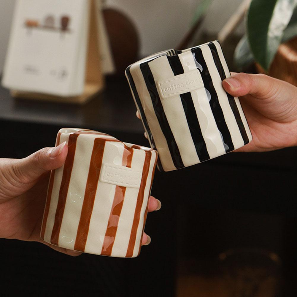 Modern Striped Ceramic Coffee Cup Hand Painted Simple Flower Tea Cup Household Breakfast Milk Mug Couple Mug Birthday Present Household Decoration