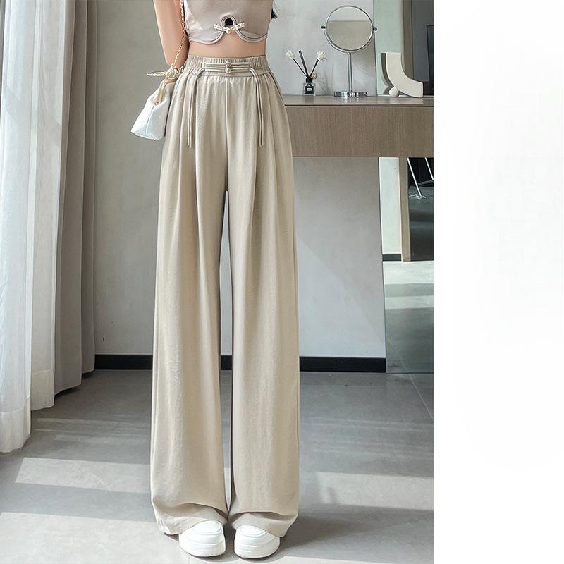 New Chinese Wide-leg Pants for Women In Summer Chinese Style, Elastic Waist, Ice-like Draping, Loose Slimming Straight-leg Casual Trousers