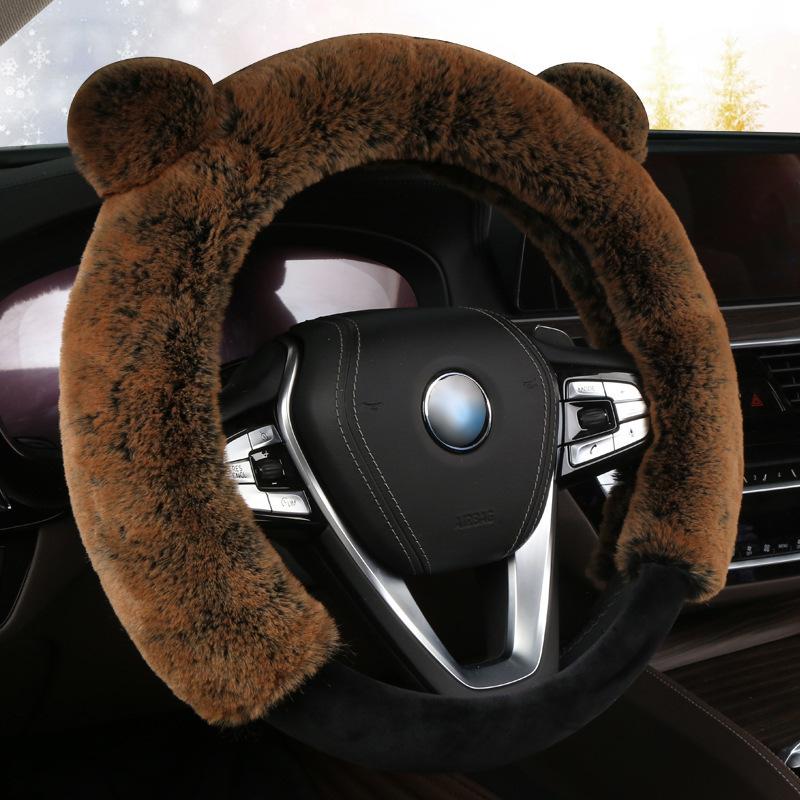 Universal Steering Wheel Cover Cartoon Cute Ear Shape Soft Faux Rabbit Fur Plush Winter Car Interior Styling for Women