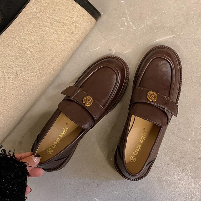 Sheepskin~ Genuine leather women's camellia with one pedal, thick-soled retro lazy with skirt and small leather shoes