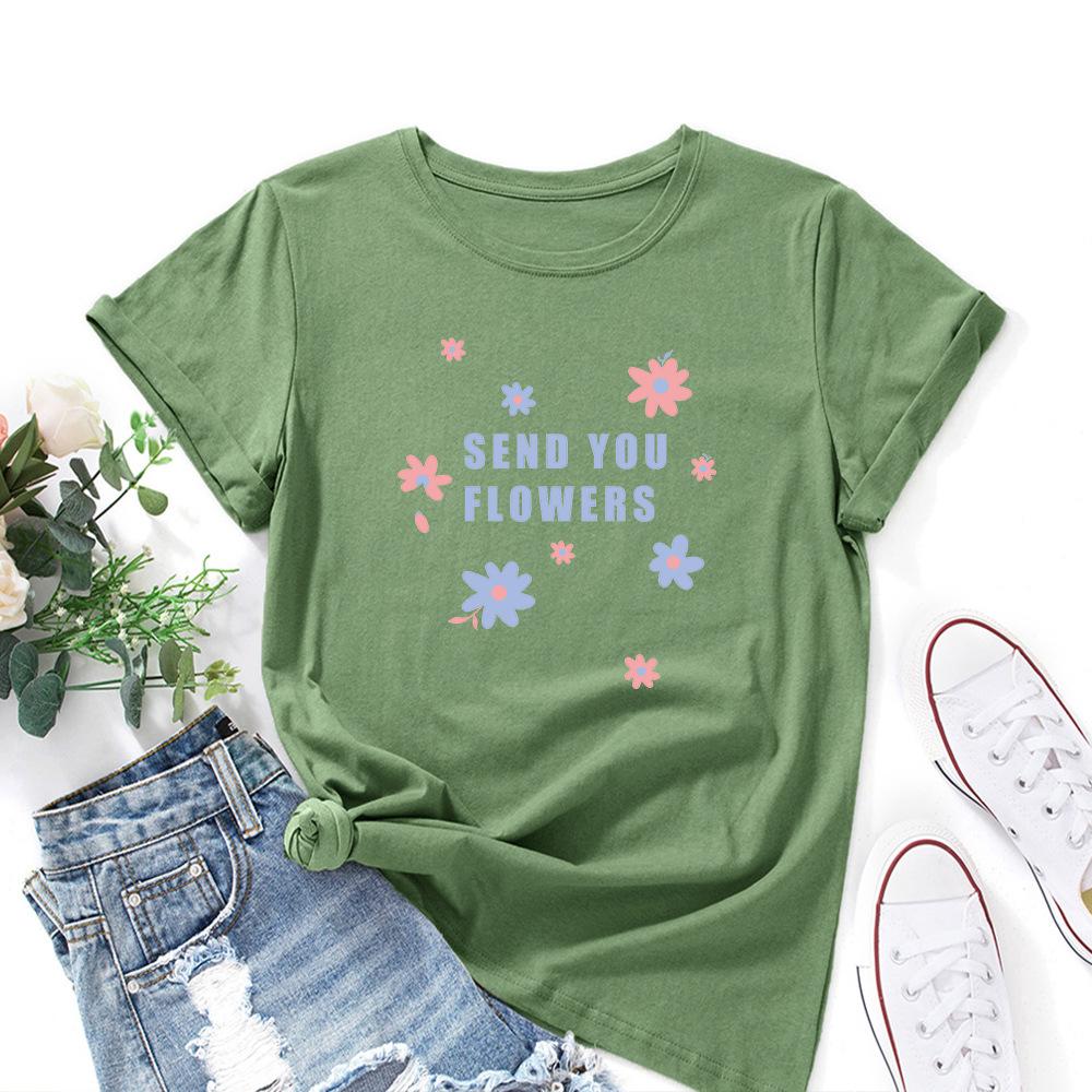 Send You Flowers Cotton T-Shirt Short Sleeve Round Neck Women 2d Print Tops