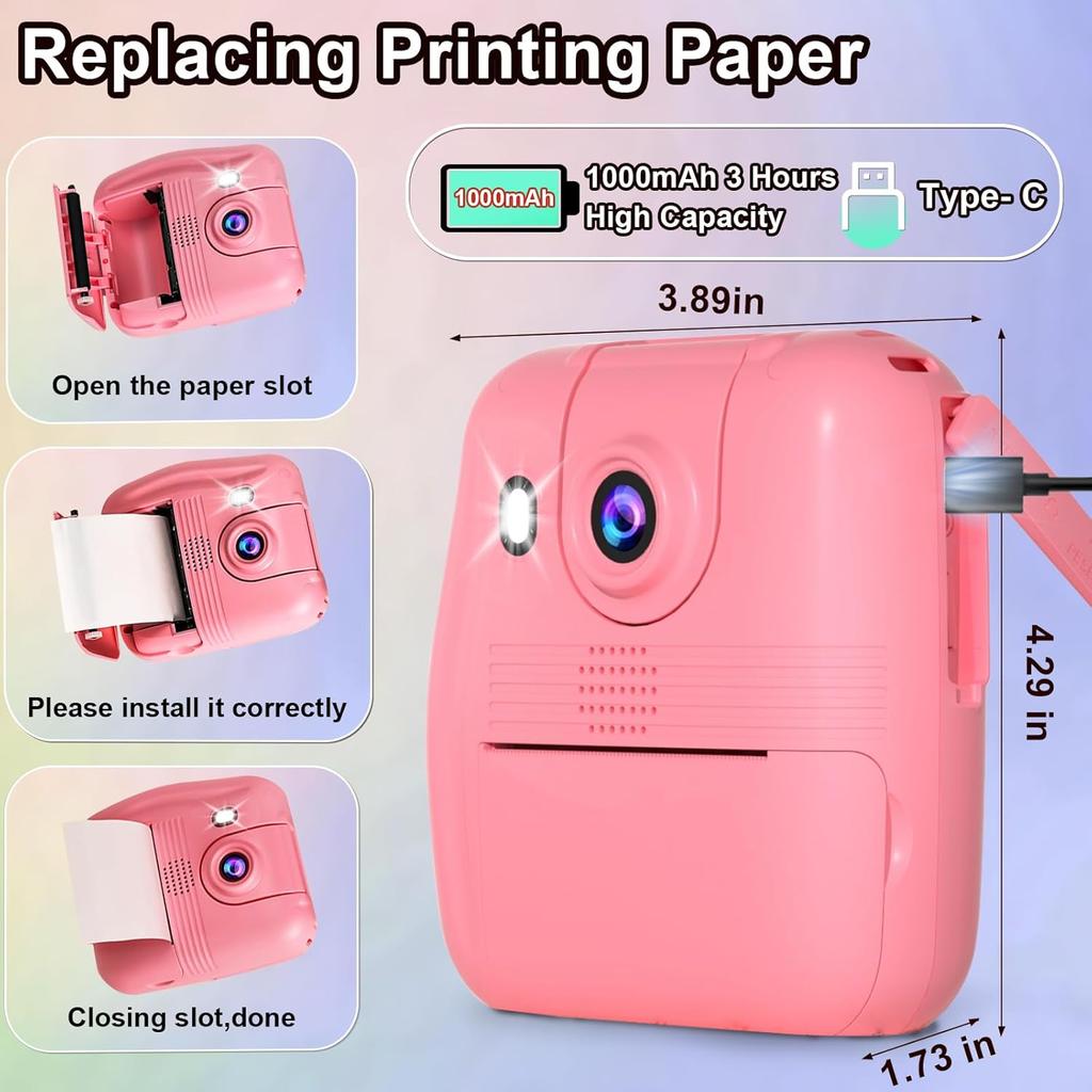 GKTZ Kids Camera Instant Print - 1080P HD Instant Print Photo - Christmas Birthday Gifts for Age 4 5 6 7 8 9 10 Girls Boys - Portable Toy with 3