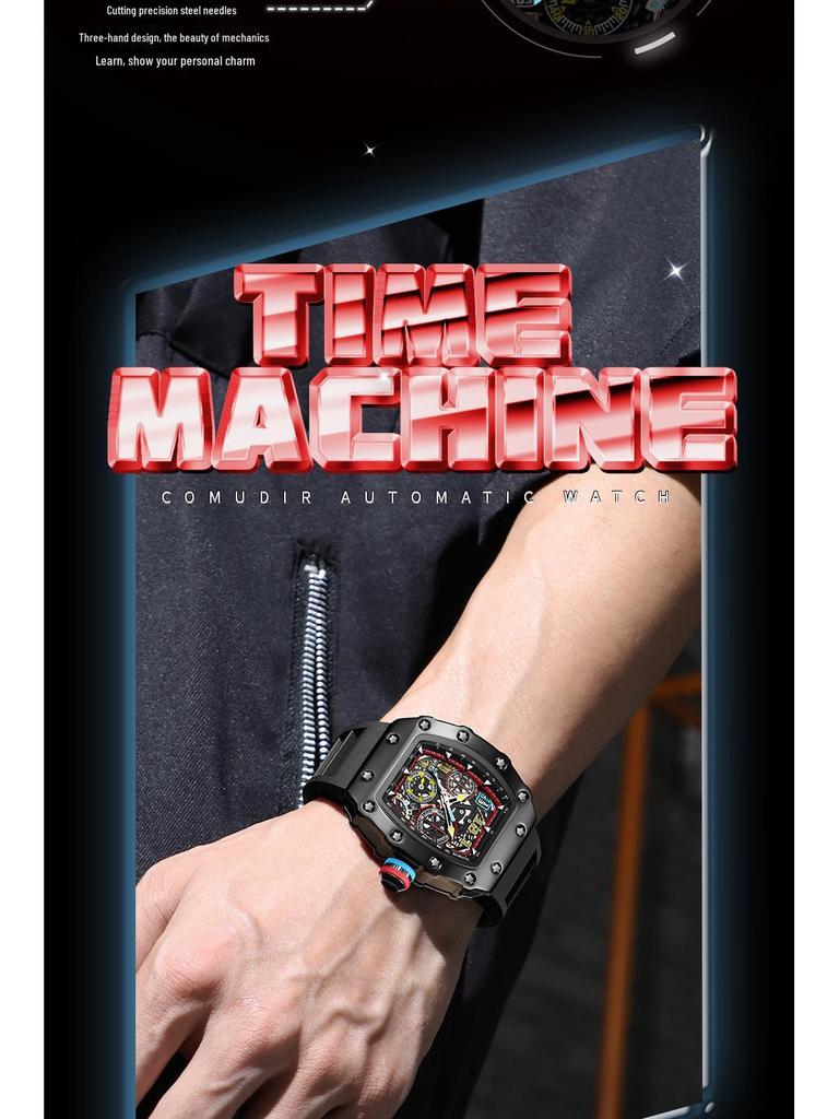 Men's Richard Luminous Calendar Wine Barrel Watch, Hollowed-Out Design, Trendy Mechanical Look