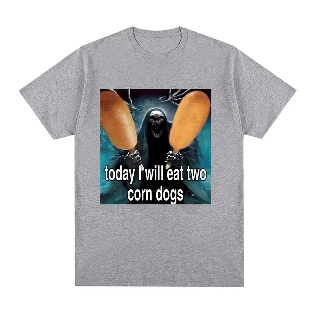 Today I Will Eat Two Corndogs Graphic T-Shirt Skeleton Meme Men's Vintage Gothic Short Sleeve T-shirts Cotton T Shirts