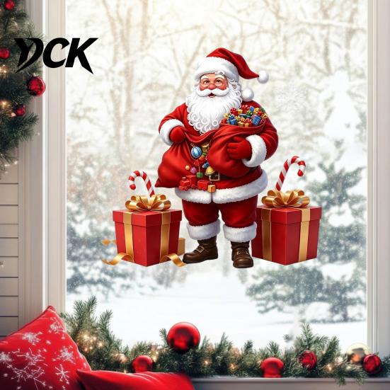 Christmas Window Clings Santa Claus Static Sticker, Reusable Waterproof PVC Decal, Decorative Holiday Scene Setting HD Printing for Home