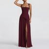 Abito Lungo Sexy Schiena Scoperta Scollo Quadrato Donna Abito Elegante Senza Maniche Spacco Alto sulla Coscia Pieghettato Club Festa Abito Lungo