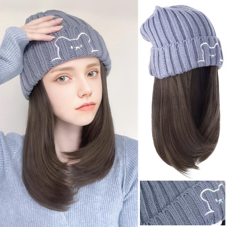 

WTB Hat парик Интегрированный синтетический парик женский зимний медведь вышивка вязание плюс бархатная шапка ключицы прямые волосы шапка парик 45CM