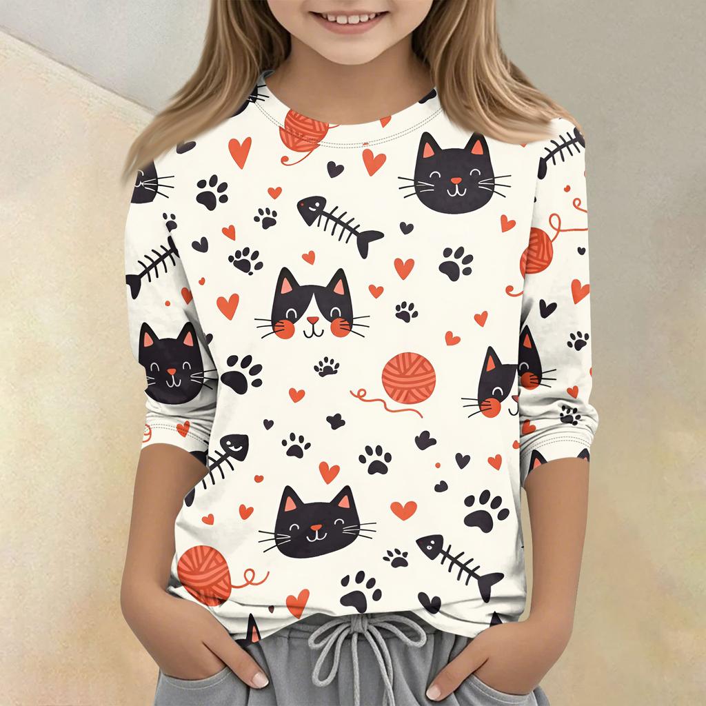 Children's Printed Round Neck Seven Quarter Sleeve Casual T-shirt