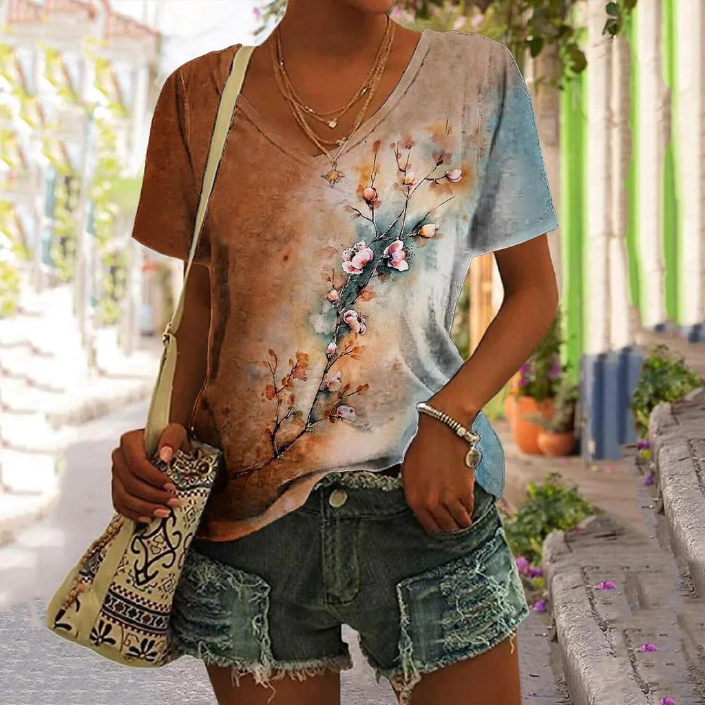S-8XL Plus Size Women T Shirt 3d Flower Print V-neck Short Sleeve Tees Tops Summer Fashion Pullover T-shirts For Women Clothing