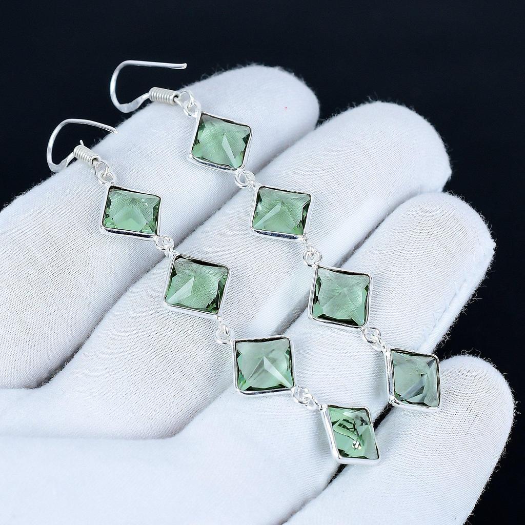 Green Amethyst Gemstone Earrings, 925 Sterling Silver Earrings, Handmade Silver Earrings For Gift, Green Amethyst Dangle Earrings Wadding Gift