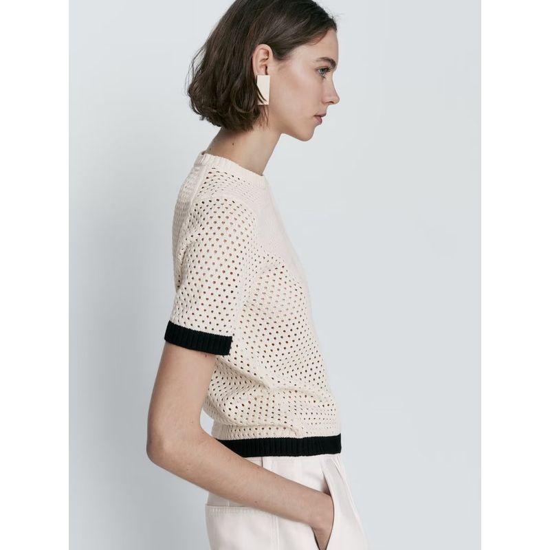 MD Spring New round Neck Work Clothing Plaid Pure Cotton Patchwork Hollow-out Short Knitwear T-shirt 5739683