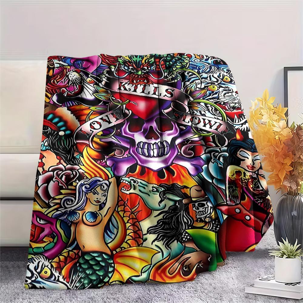 1Pc Hardy Tattoo Print Flannel Blanket, High quality Comfortable for All Seasons, Home Decor, Warmth and Comfort, Perfect for Christmas Gifts