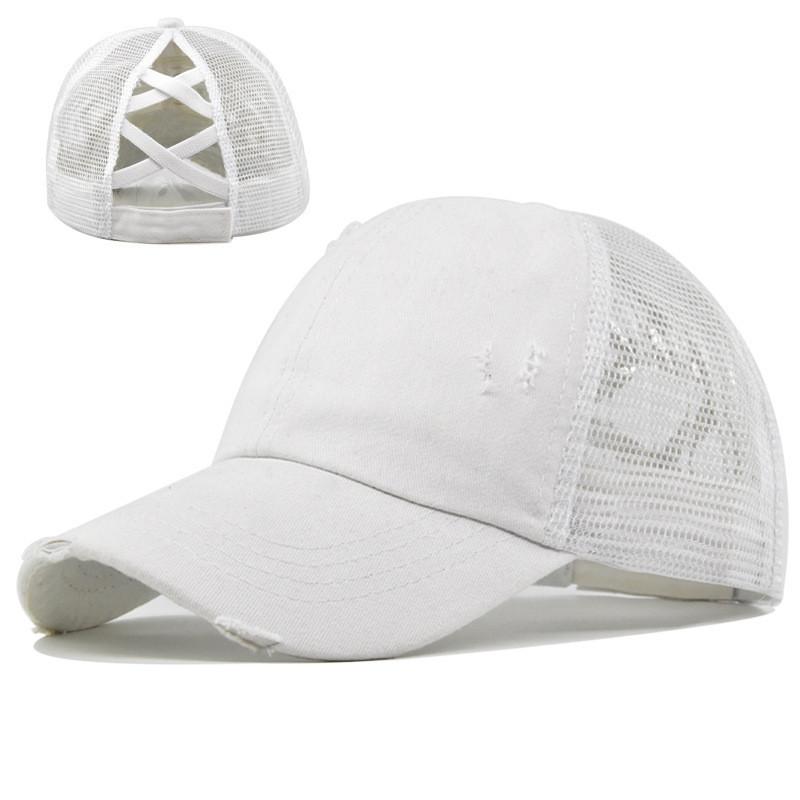 Baseball Cap Womens Cotton Mesh With Crossed Ponytail Openings For Summer Casual Wear