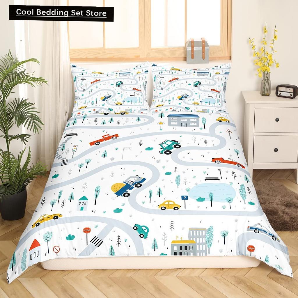 Gelbes Taxi Auto King Queen Bettbezug Jungen Cartoon Transport Bettwäscheset Rosa Stadtlandschaft Steppdeckenbezug Polyester Bettdeckenbezug