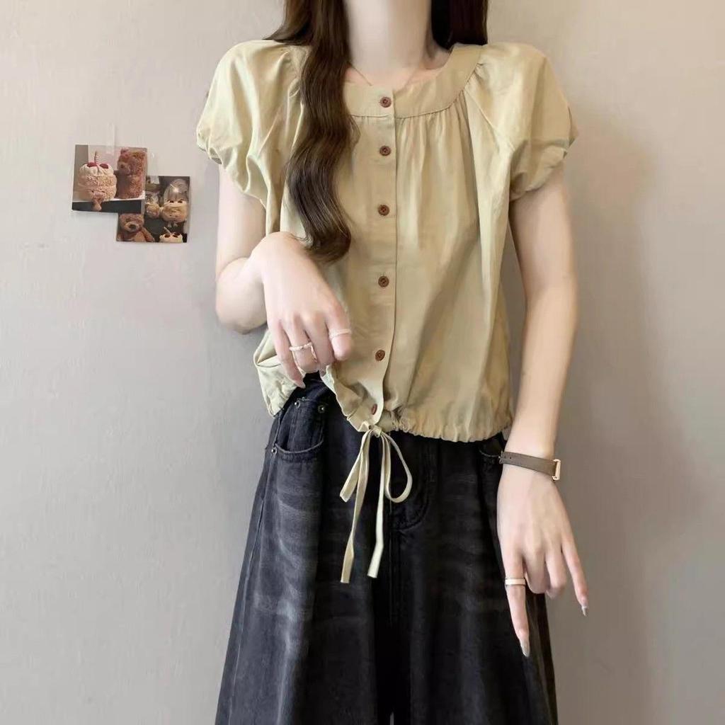 Plus Size Women's French Retro Doll Collar Short Sleeve Lace-up Top - Summer 2025 Casual and Versatile Shirt