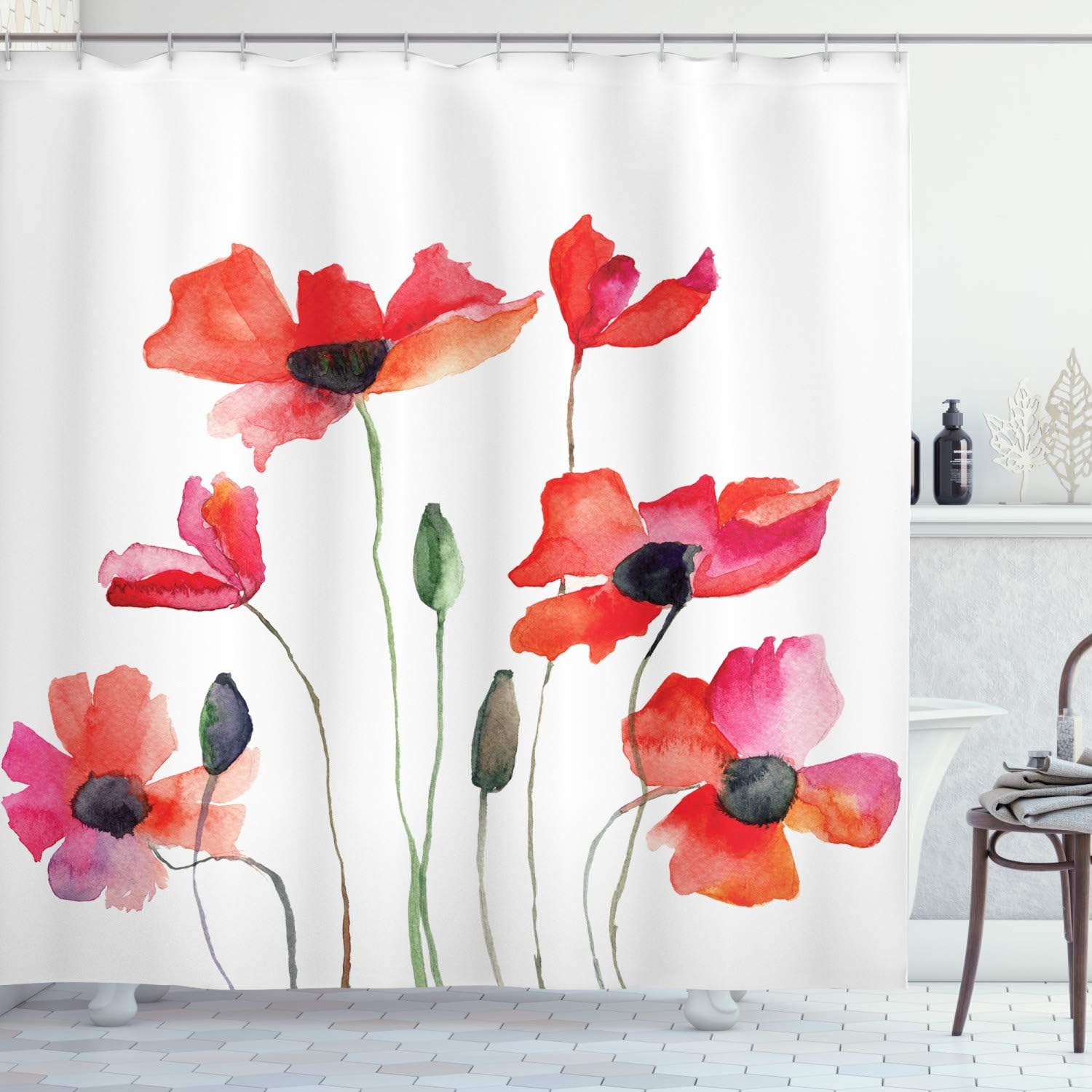 

Watercolor flowers shower curtain with hooks-red orange wildflowers, natural art painting bathroom decoration 90x180cm35x71in