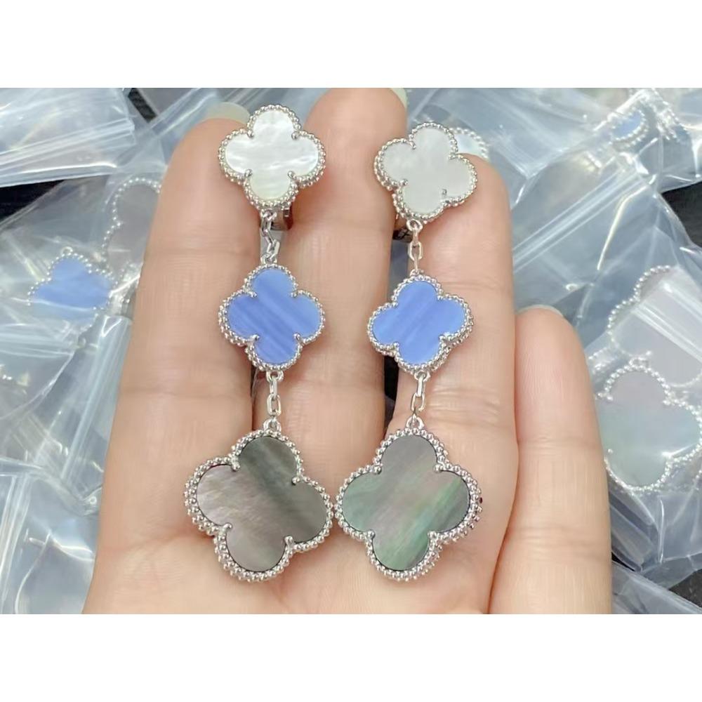 Four-leaf Clover Earrings Fashionable Three-flower Earrings Natural Mother-of-pearl Agate and Chalcedony Women's Earrings