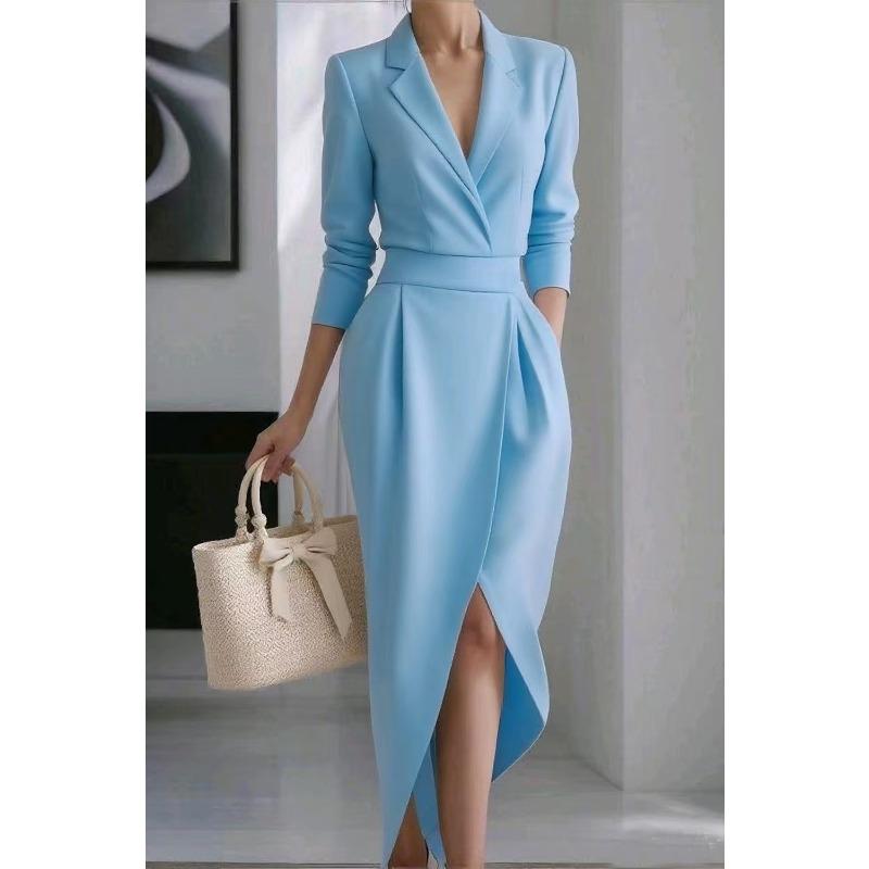 BITCED Women's Fashion Autumn Winter Solid Color Print V-Neck Long Sleeve Casual Dresses