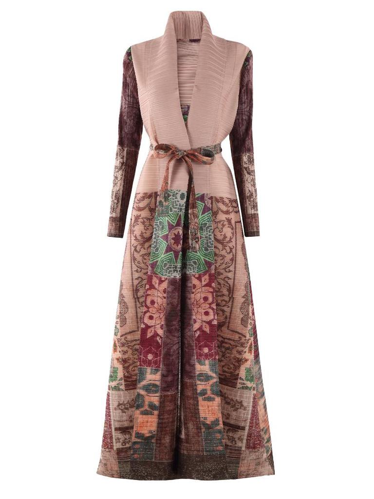 Pleated Printed Long Trench Coat for Women - 2025 Spring Lapel Loose Fit Plus Size Long Sleeve Robe