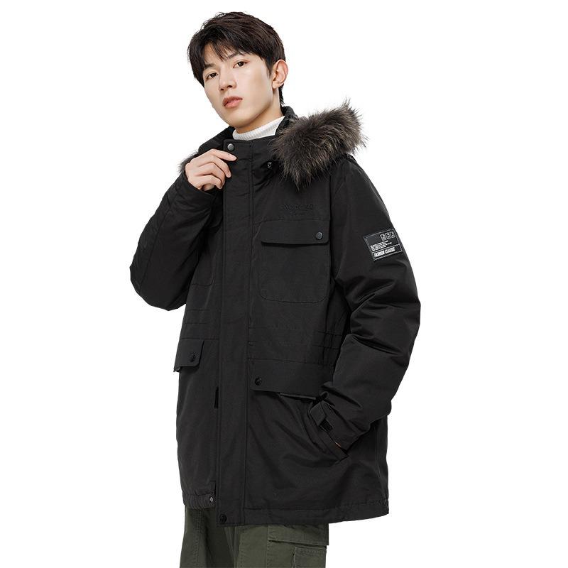 New down jacket men's medium and long large fur collar hooded jacket winter tooling trendy brand sports and leisure warm coat