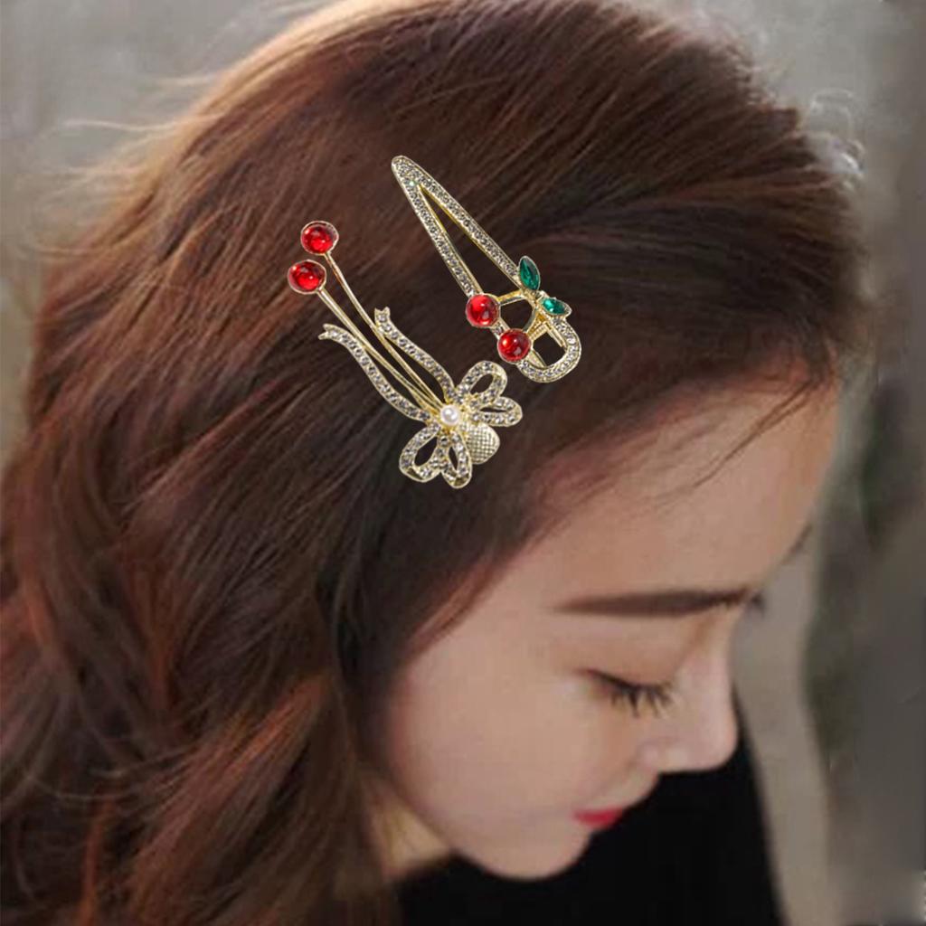 Diamond Metal Red Cherry Hair Clip Sweet Small Exquisite Duckbill Clip Glitter Rhinestone Bangs Side Clip Girls Styling Headwear