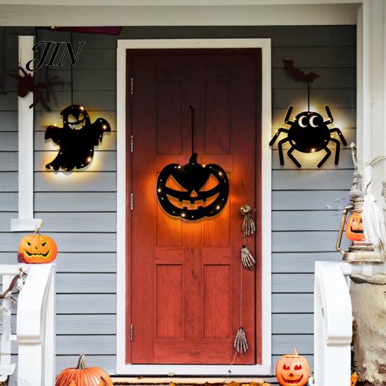Halloween Holiday Decorations Pumpkin Hanging Decor, Non-Woven Ghost Ornament with Light String, Spooky Festive Decor Door Wall for Party Scene, Trick