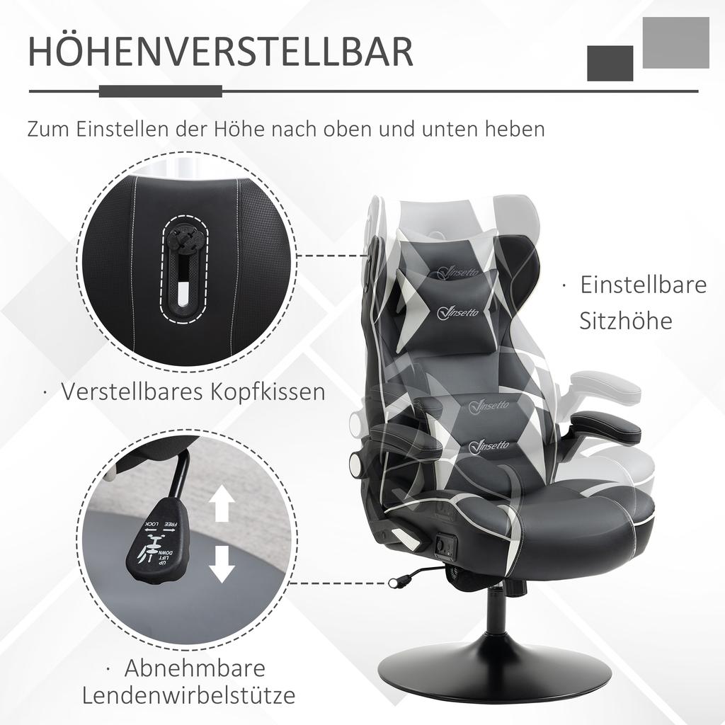 Gaming Chair, Gaming Seat, Integrated Speakers, Reclining Backrest, Black+White, 69 X 73 X 118cm