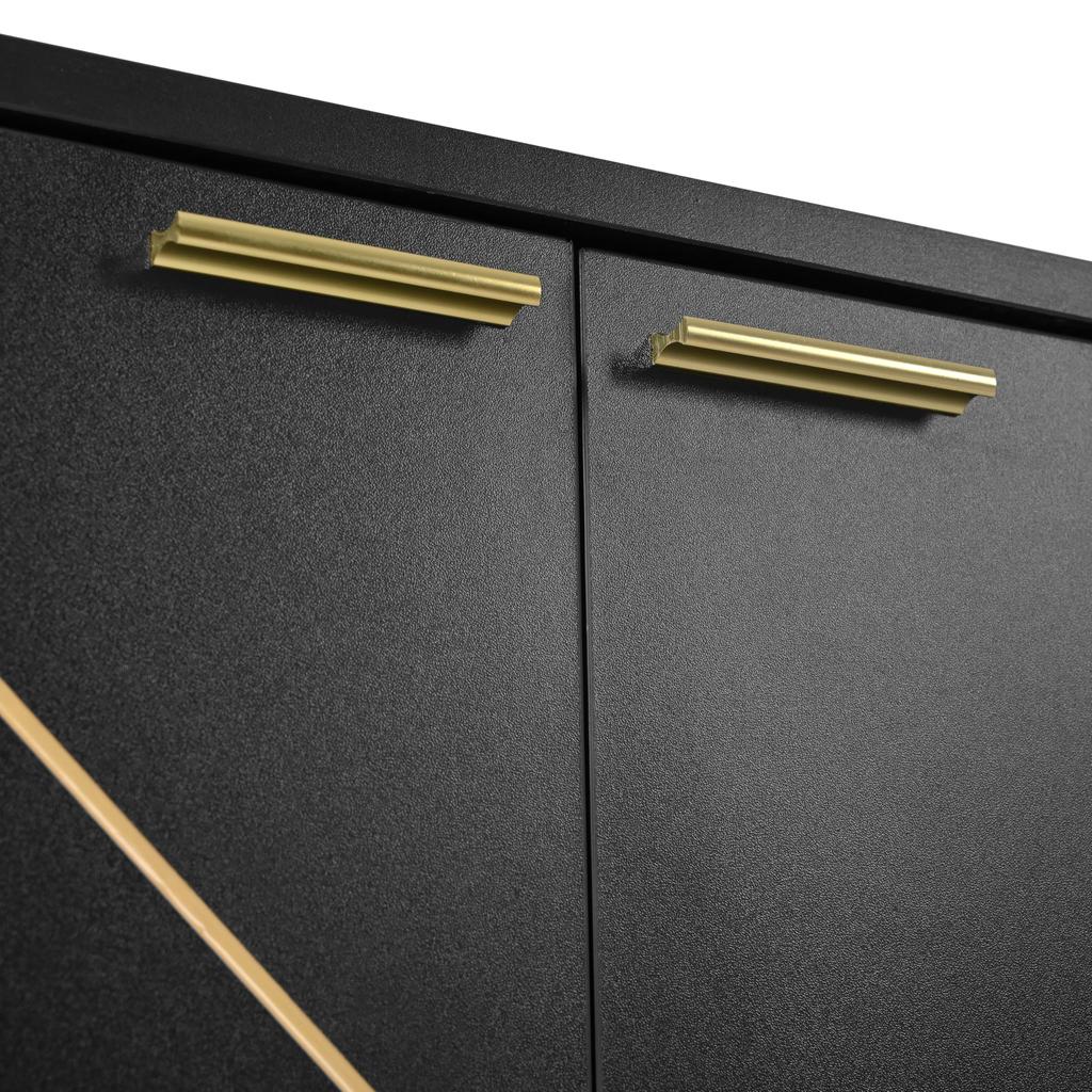 Sideboard Kommode 4 Türen, modernes Liniendesign, Metallgriffe, Rahmenbeine, 150x40x80 cm, Wohnzimmer/Schlafzimmer/Flure/Küche