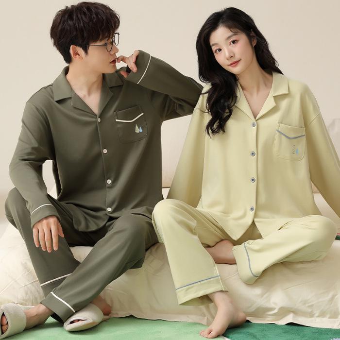 

Мультяжный хлопковый пижамный комплект для пары - Кардиган с длинными рукавами и лацканами для мужчин и женщин (Весна осень) XXXL