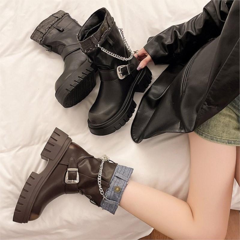 Plateau-Stiefel Damen neue Herbst- und Winterstiefel im britischen Stil mit dickem Absatz Ritter-Stiefeletten schlanke Westernstiefel C1075