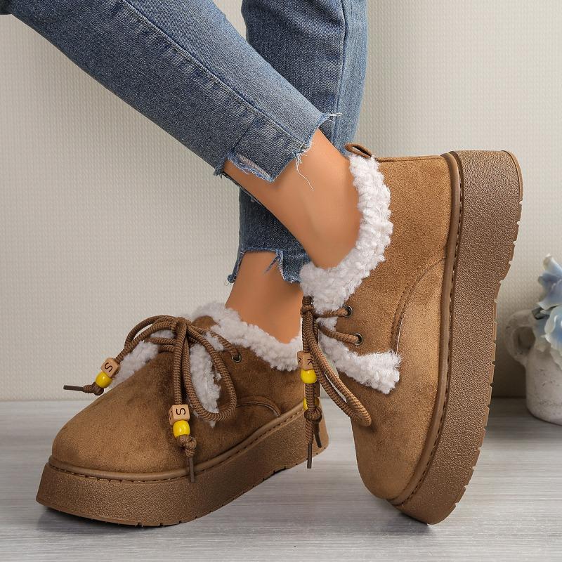 New Lace-up Cotton Shoes for Women, Large-sized, Fleece and Thickened Warm Snow Boots