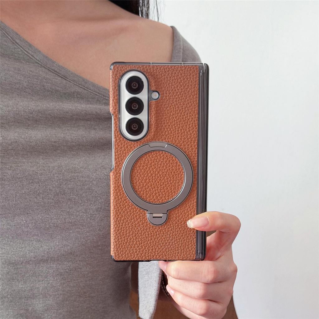 360 Rotating Kickstand Magnetic Lychee Grain Leather Phone Case for Samsung Z Fold 7 6 5 4 Comfortable Grip Shockproof Cover