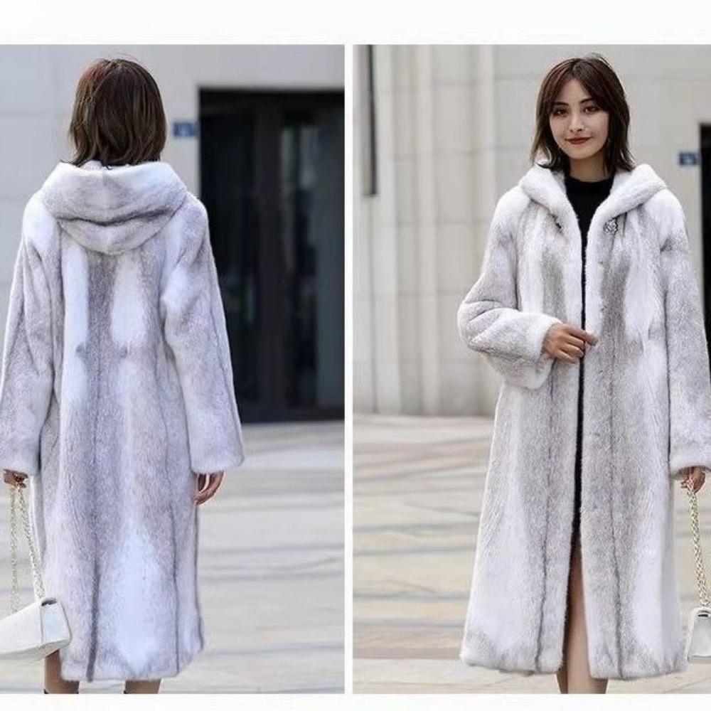 Palton de blană rezistent la frig Palton gros de nurcă Temperament de zeiță Blană dintr-o singură bucată cu glugă Palton de bumbac Palton de blană