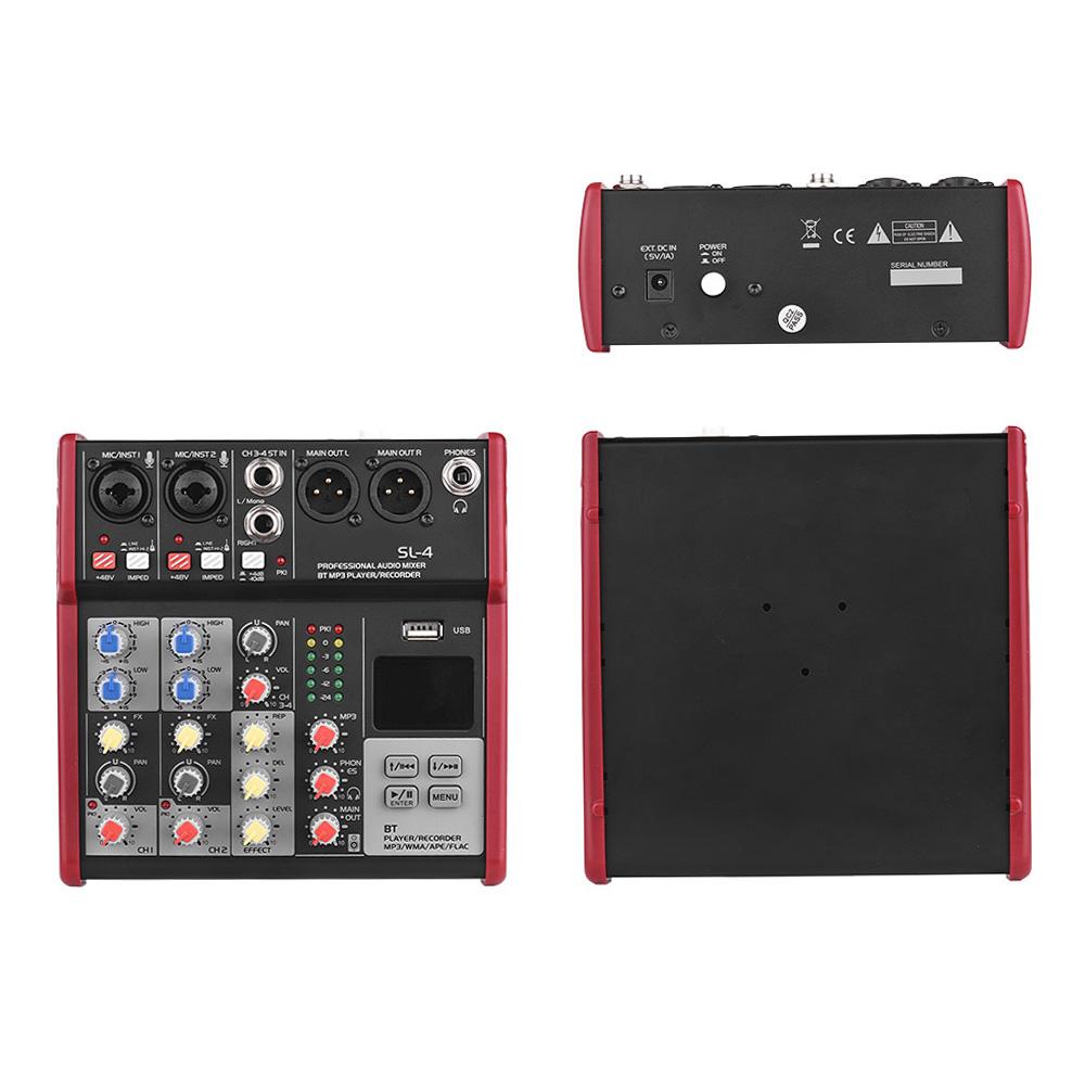 SL 4 Compact Size 4 Channel Mixing Console Mixer 2 band EQ Built in 48V Phantom Power Supports BT Connection USB MP3