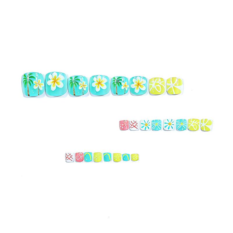 European and American short glossy foot nails, small and fresh summer beach coconut tree flower design, wearing nail pads