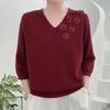 Spring Summer Women's Thin V-Neck Sweater 3D Flower Loose Fit Three-Quarter Sleeve Plus Size Sweater Solid Color Pullover Ice Silk Knit Top