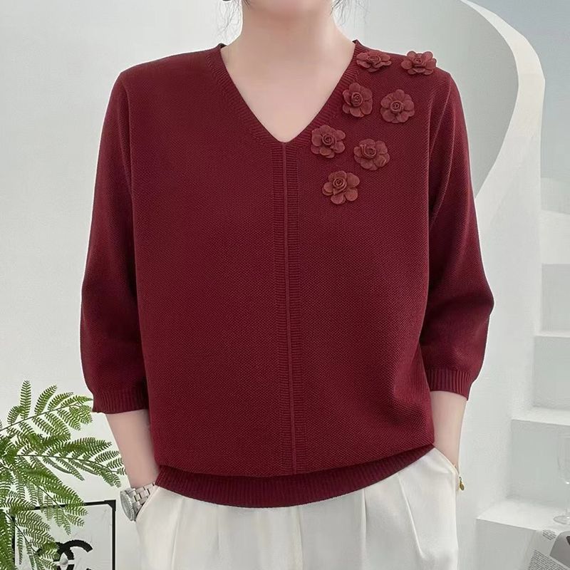 Spring Summer Women's Thin V-Neck Sweater 3D Flower Loose Fit Three-Quarter Sleeve Plus Size Sweater Solid Color Pullover Ice Silk Knit Top