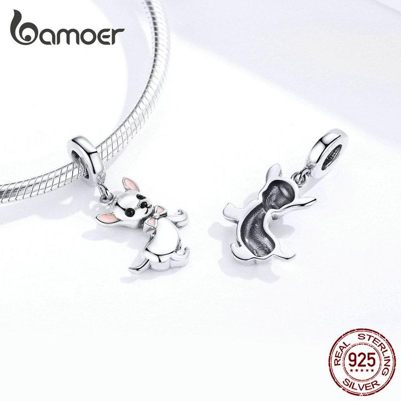 Bamoer Cute Pet Chihuahua Dog Pendant Charm Silver 925 Original Pink Enamel Ear Fashion Jewelry Gifts Girl Accessories SCC1317